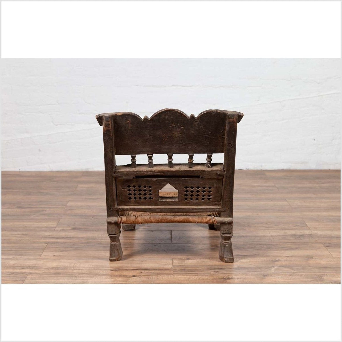 Indian Antique Rustic Low Seat Wooden Chair with Carved Rosettes and Rope Seat-15. Asian & Chinese Furniture, Art, Antiques, Vintage Home Décor for sale at FEA Home