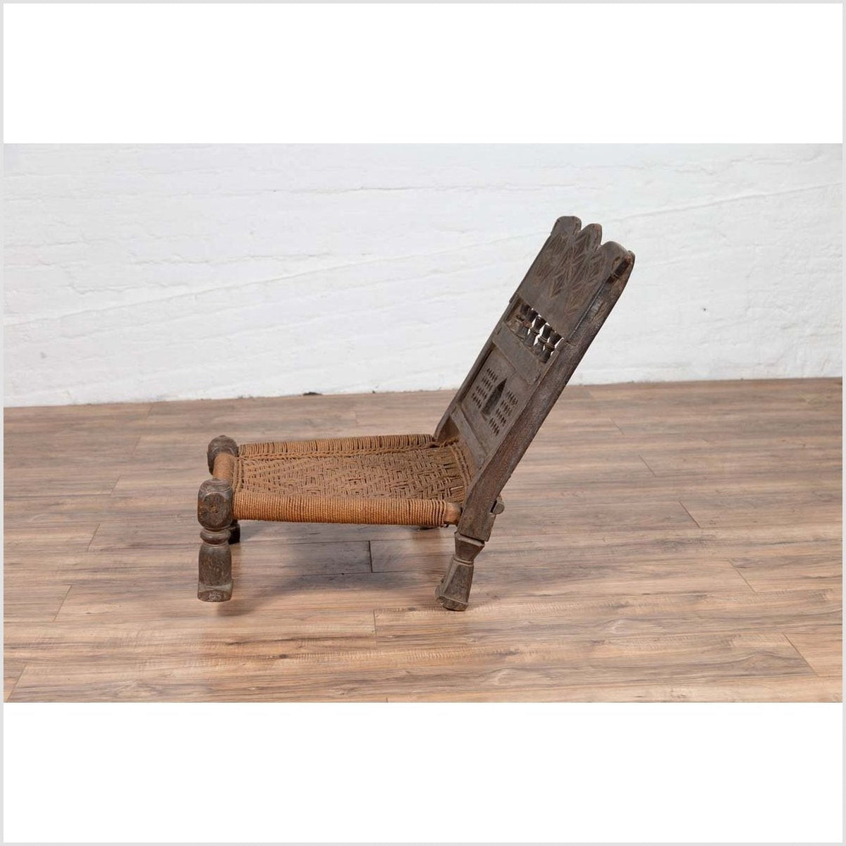 Indian Antique Rustic Low Seat Wooden Chair with Carved Rosettes and Rope Seat-16. Asian & Chinese Furniture, Art, Antiques, Vintage Home Décor for sale at FEA Home