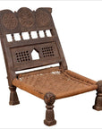 Indian Antique Rustic Low Seat Wooden Chair with Carved Rosettes and Rope Seat-1. Asian & Chinese Furniture, Art, Antiques, Vintage Home Décor for sale at FEA Home