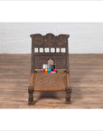 Indian Antique Rustic Low Seat Wooden Chair with Carved Rosettes and Rope Seat-3. Asian & Chinese Furniture, Art, Antiques, Vintage Home Décor for sale at FEA Home