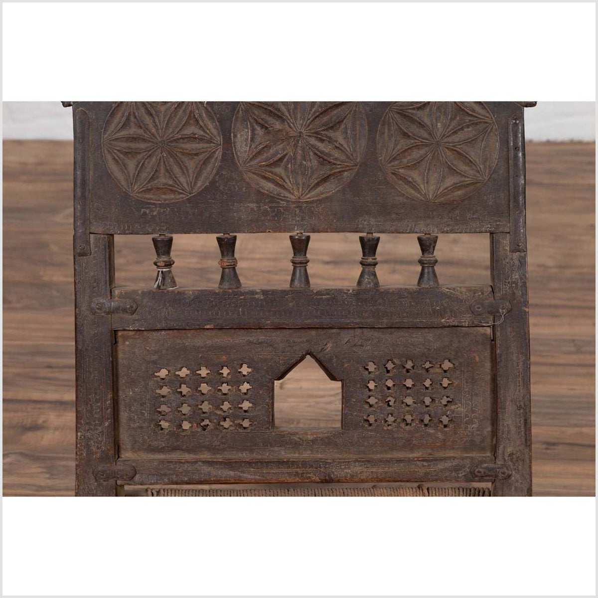 Indian Antique Rustic Low Seat Wooden Chair with Carved Rosettes and Rope Seat-6. Asian & Chinese Furniture, Art, Antiques, Vintage Home Décor for sale at FEA Home