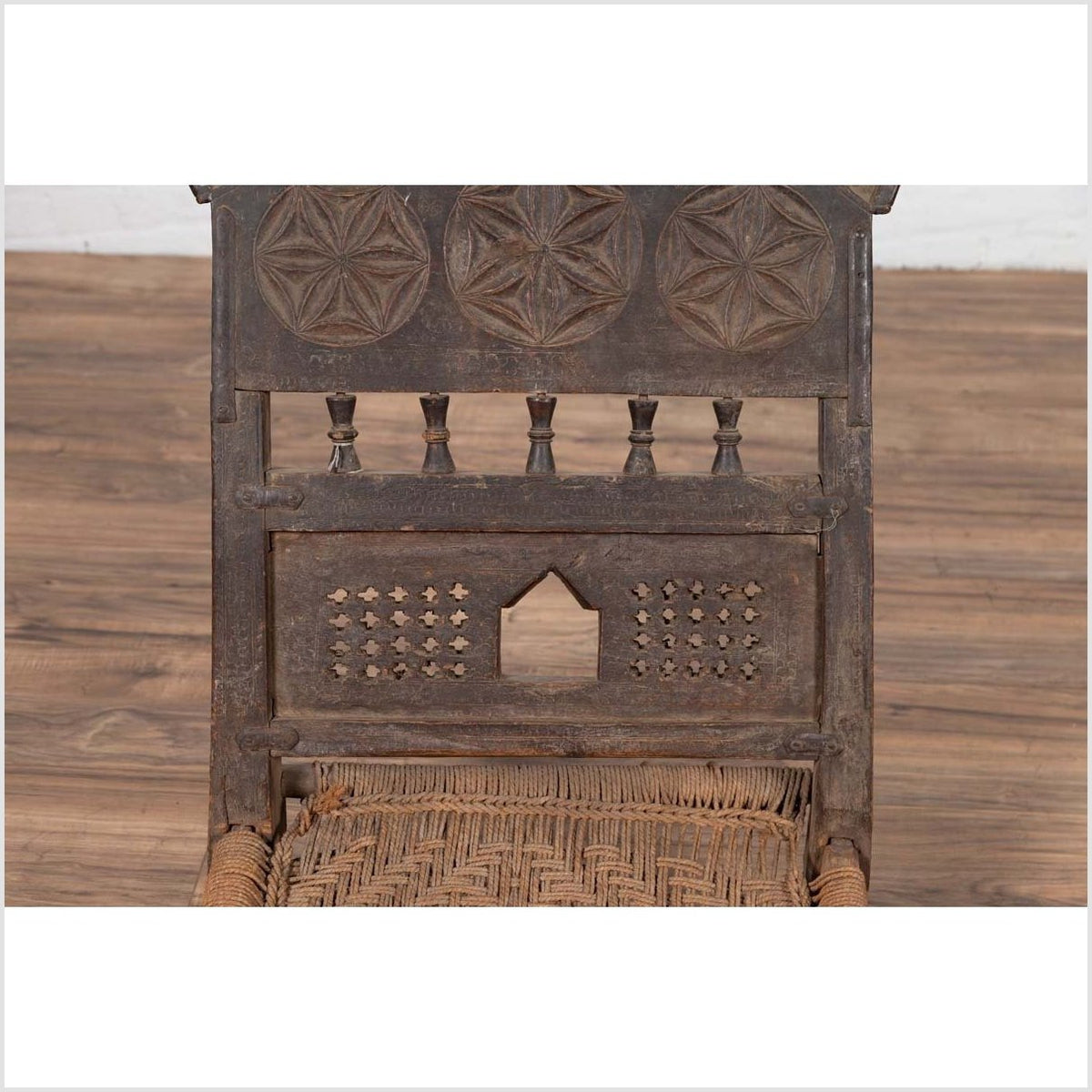 Indian Antique Rustic Low Seat Wooden Chair with Carved Rosettes and Rope Seat-8. Asian & Chinese Furniture, Art, Antiques, Vintage Home Décor for sale at FEA Home