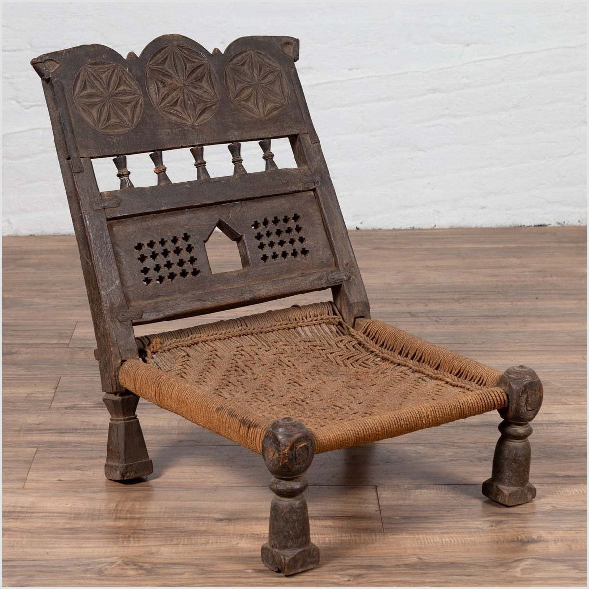 Indian Antique Rustic Low Seat Wooden Chair with Carved Rosettes and Rope Seat-10. Asian & Chinese Furniture, Art, Antiques, Vintage Home Décor for sale at FEA Home