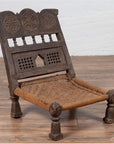 Indian Antique Rustic Low Seat Wooden Chair with Carved Rosettes and Rope Seat-10. Asian & Chinese Furniture, Art, Antiques, Vintage Home Décor for sale at FEA Home