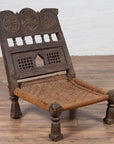 Indian Antique Rustic Low Seat Wooden Chair with Carved Rosettes and Rope Seat-10. Asian & Chinese Furniture, Art, Antiques, Vintage Home Décor for sale at FEA Home