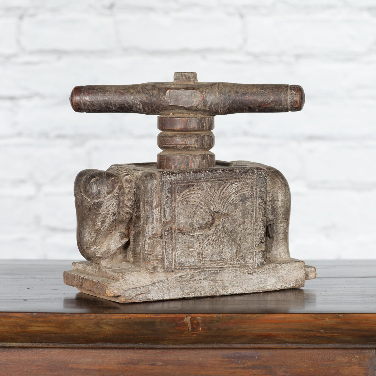 Indian Antique Wooden Hand Noodle Maker with Carved Elephant and Vice Press-10. Asian & Chinese Furniture, Art, Antiques, Vintage Home Décor for sale at FEA Home
