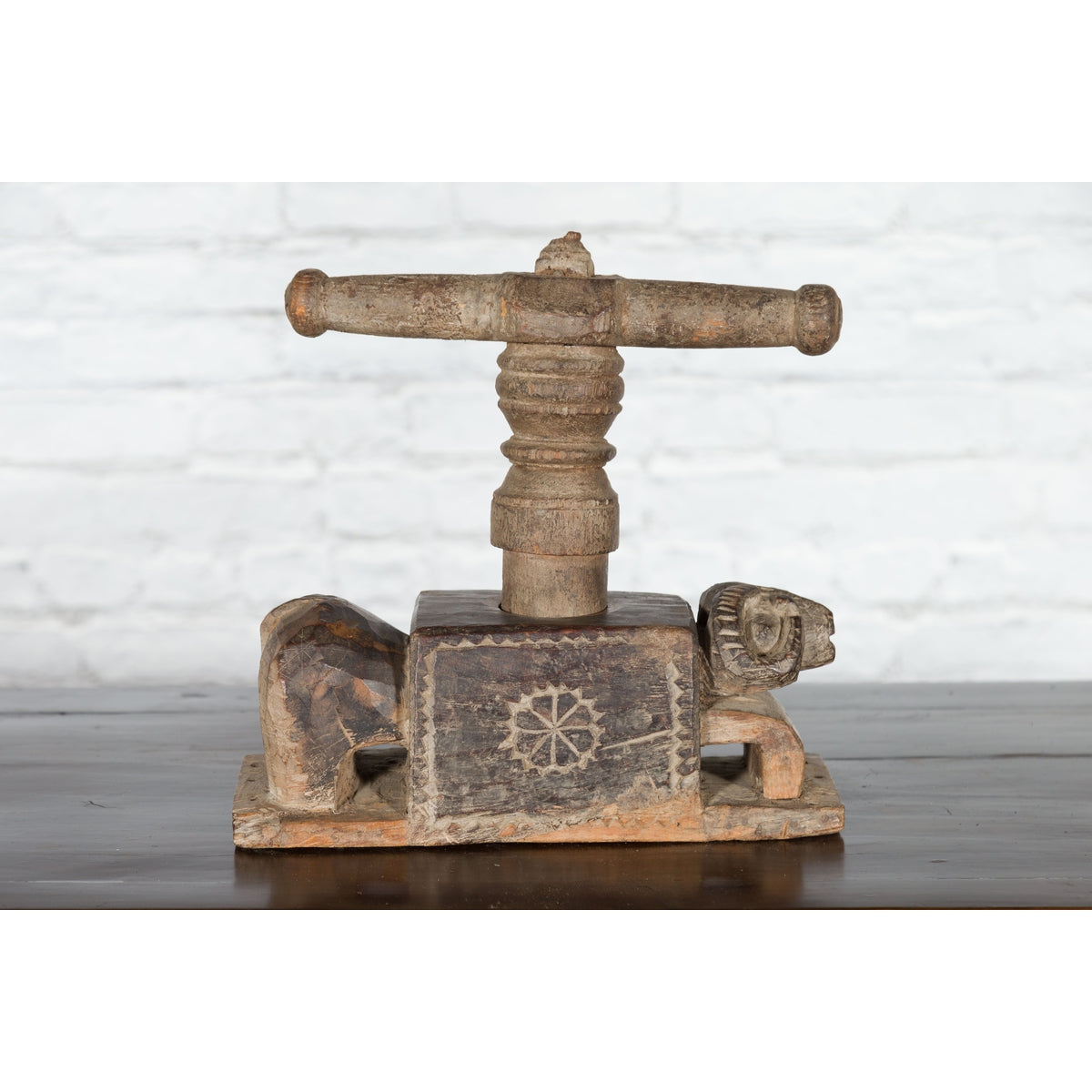Indian Antique Wooden Hand Noodle Maker with Carved Ram and Vice Press-2. Asian & Chinese Furniture, Art, Antiques, Vintage Home Décor for sale at FEA Home