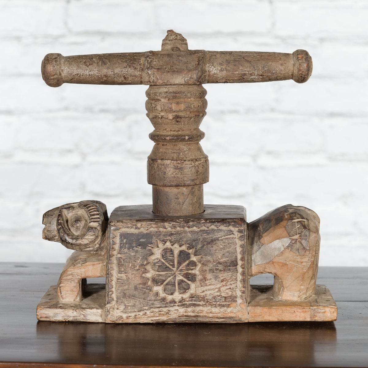 Indian Antique Wooden Hand Noodle Maker with Carved Ram and Vice Press-3. Asian & Chinese Furniture, Art, Antiques, Vintage Home Décor for sale at FEA Home