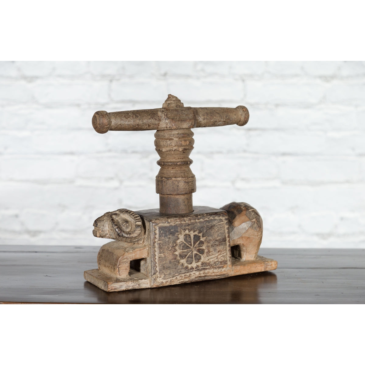 Indian Antique Wooden Hand Noodle Maker with Carved Ram and Vice Press-6. Asian & Chinese Furniture, Art, Antiques, Vintage Home Décor for sale at FEA Home