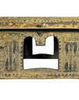 Painted metal Indian betel nut box with figures and geometric patterns, good condition, close-up, 8¼ x 8¼ x 7½.