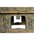 Brown carved wood Indian betel nut box with bird and leaf motifs, rectangular, 8.25 x 8.25 x 7.5 inches.