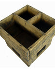 Brown wood square box with three compartments, vintage design, shown on plain surface, 8¼" x 8¼" x 7½.