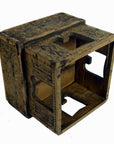 Brown carved wood cube box with open windows, shown in good condition, 8¼ x 8¼ x 7½ inches.