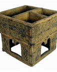 Brown antique wooden betel nut box with open arch windows and carved details, good condition, close-up view.