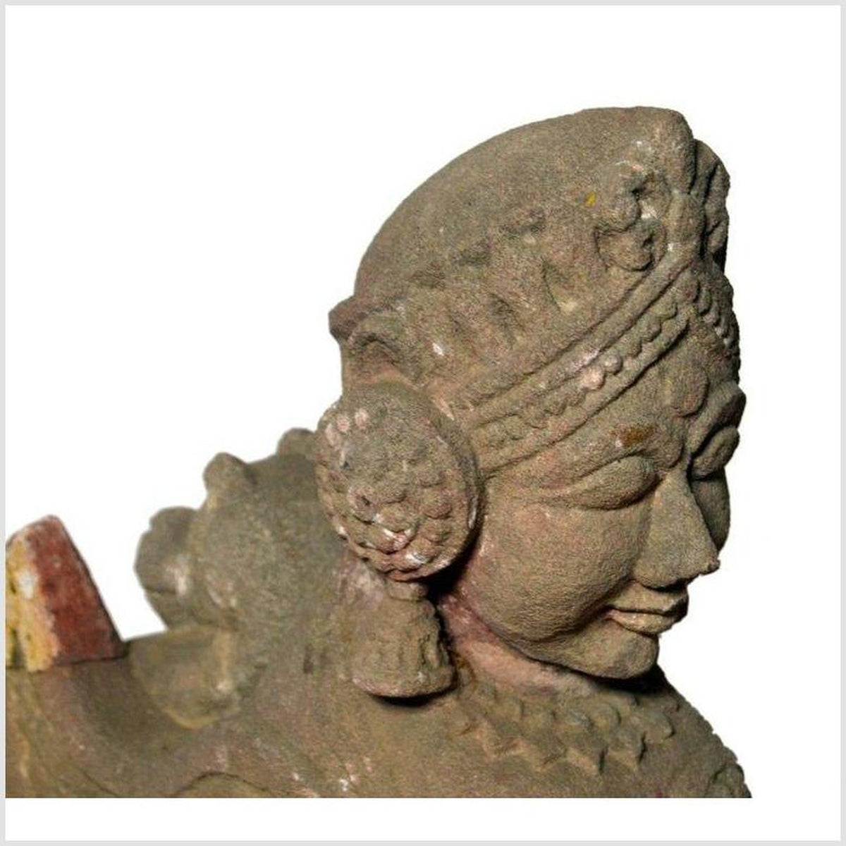 Indian Hand-Carved 19th Century Stone Sphinx Sculpture with Tiara and Earrings-3. Asian & Chinese Furniture, Art, Antiques, Vintage Home Décor for sale at FEA Home
