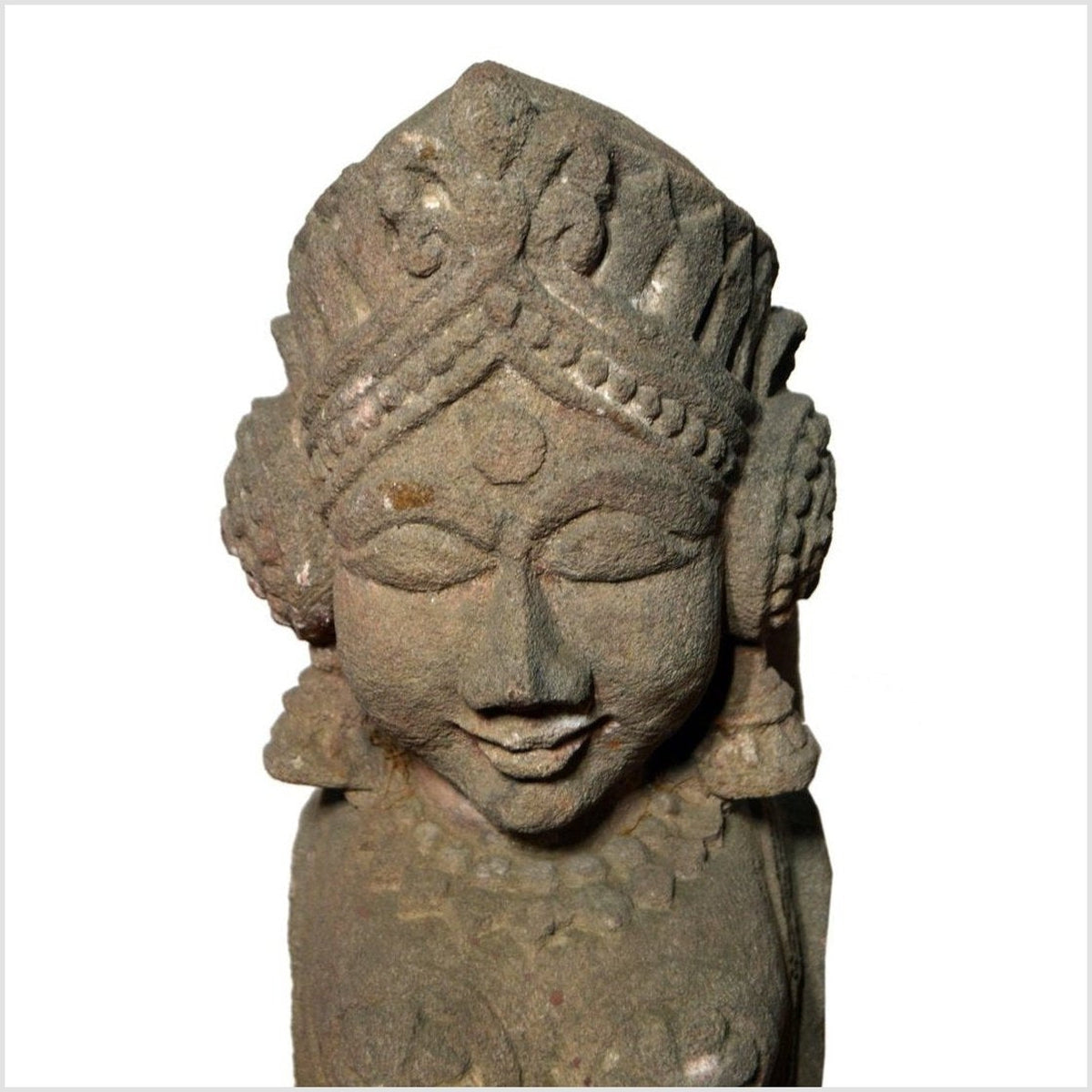 Indian Hand-Carved 19th Century Stone Sphinx Sculpture with Tiara and Earrings-5. Asian & Chinese Furniture, Art, Antiques, Vintage Home Décor for sale at FEA Home