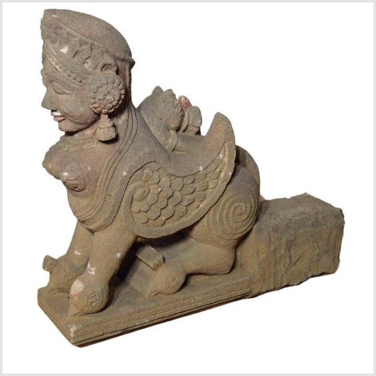 Indian Hand-Carved 19th Century Stone Sphinx Sculpture with Tiara and Earrings-7. Asian & Chinese Furniture, Art, Antiques, Vintage Home Décor for sale at FEA Home