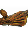 Orange-brown hand carved wooden duck with visible repaired cracks, side view on white background.