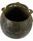 Black iron water jug with side handles and wide top, vintage style, close-up against neutral background.