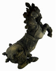 Brown wooden Kerala hand-carved horse, rearing, detailed carvings, missing tail, close-up.