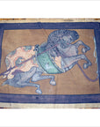 Vintage Indian tapestry with paint loss, depicts rearing horse adorned in ornate blankets, 47.5 x 33.5 inches.