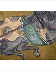 Ornate Indian Mughal horse tapestry, multicolored fabric with visible paint loss, used condition, 47.5" x 33.5.