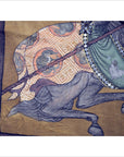 Faded multicolor textile Mughal tapestry with painted armored horse and mythical creatures, 47.5 x 33.5 inches.