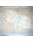 Faded textile Mughal horse tapestry with pale horse and rider on light background, blue border, 47.5"x33.5".