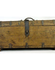 Brown metal Indian Mughal storage box with central latch, top handle, and hinges on a white background.