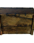 Rustic rectangular Indian Mughal storage box with metal hinges and reinforced corners, top view against plain background.