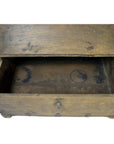 A worn, brown Indian Mughal wooden storage box with a hinged lid, open to show wear on the interior and exterior.