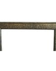 Silver-nickel Indian repoussé rectangular frame with ornate embossed patterns on a white background, close-up view.