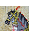Colorful textile tapestry of a decorated horse with ornate bridle, some paint loss, size 33.5" x 22.5.