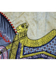 Colorful fabric Indian horse tapestry with geometric background, 33.5"x22.5", visible paint loss.