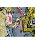 Close-up of colorful Indian horse tapestry with intricate patterns and saddle, textile, 33.5" x 22.5", used condition.