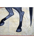 Beige fabric tapestry with black-legged horse, some paint loss, measures 33.5 x 22.5 inches.