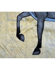 Black fabric tapestry with horse legs, hooves, and saddle detail visible; shows used condition; 33.5" x 22.5.