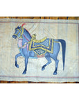 Blue horse painting on Indian tapestry with red border, used, textile art, 33.5"x22.5.