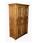 Natural wood armoire with four doors, two drawers, and metal handles, shown against a neutral background indoors.