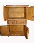 Natural wood armoire with open doors, two drawers, and empty shelves, Indonesian style, 1960s.