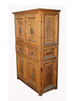 Natural wood armoire with paneled doors and metal handles in rustic style, Indonesian design, against a plain background.