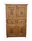 Natural wood armoire with four doors, two drawers, metal handles, rustic detailing, photographed indoors.
