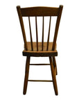 Brown wooden chair with slatted backrest, rear view, on a white background.