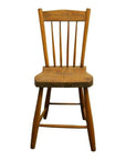 Natural wood Indonesian chair with curved seat and vertical slat backrest, front view on white background.
