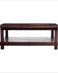Natural stain wood Indonesian coffee table with rectangular top and lower shelf against plain white background.