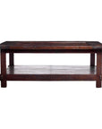 Natural stain wood Indonesian coffee table with rectangular top and lower shelf against plain white background.
