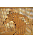 Brown wood horse wall decor with geometric design, featuring diagonal inlay strips, close-up view.