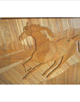 Brown wood horse wall decor with angled wooden strips creating a dynamic, geometric, textured inlay design.