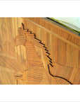 Brown wood inlay horse wall decor with stylized horse design, visible yellow cables above, close-up view.