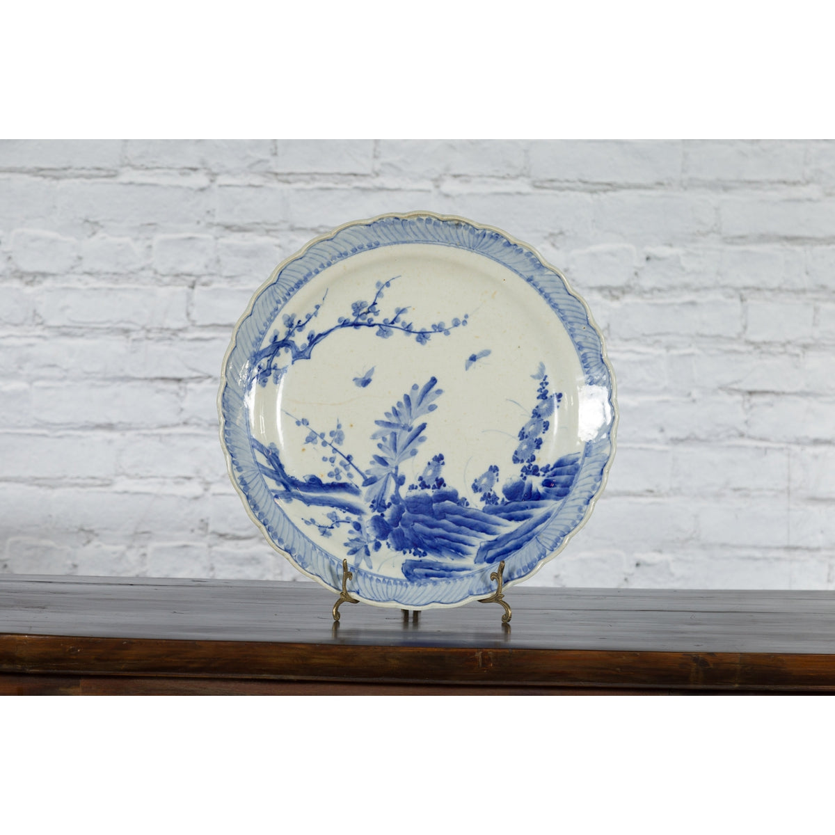 Japanese Blue and White Hand-Painted Porcelain Charger Plate with Foliage Décor-10. Asian & Chinese Furniture, Art, Antiques, Vintage Home Décor for sale at FEA Home